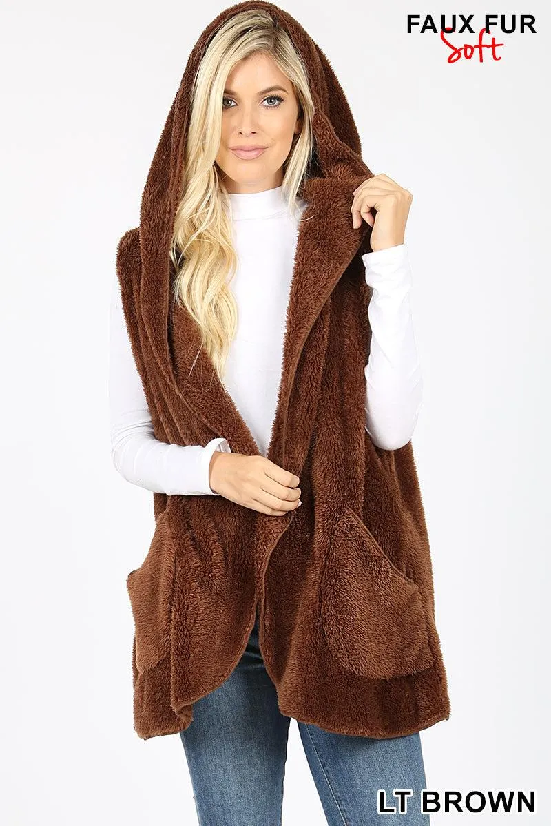 "Aspen" Hooded Faux Fur Vest (Brown)