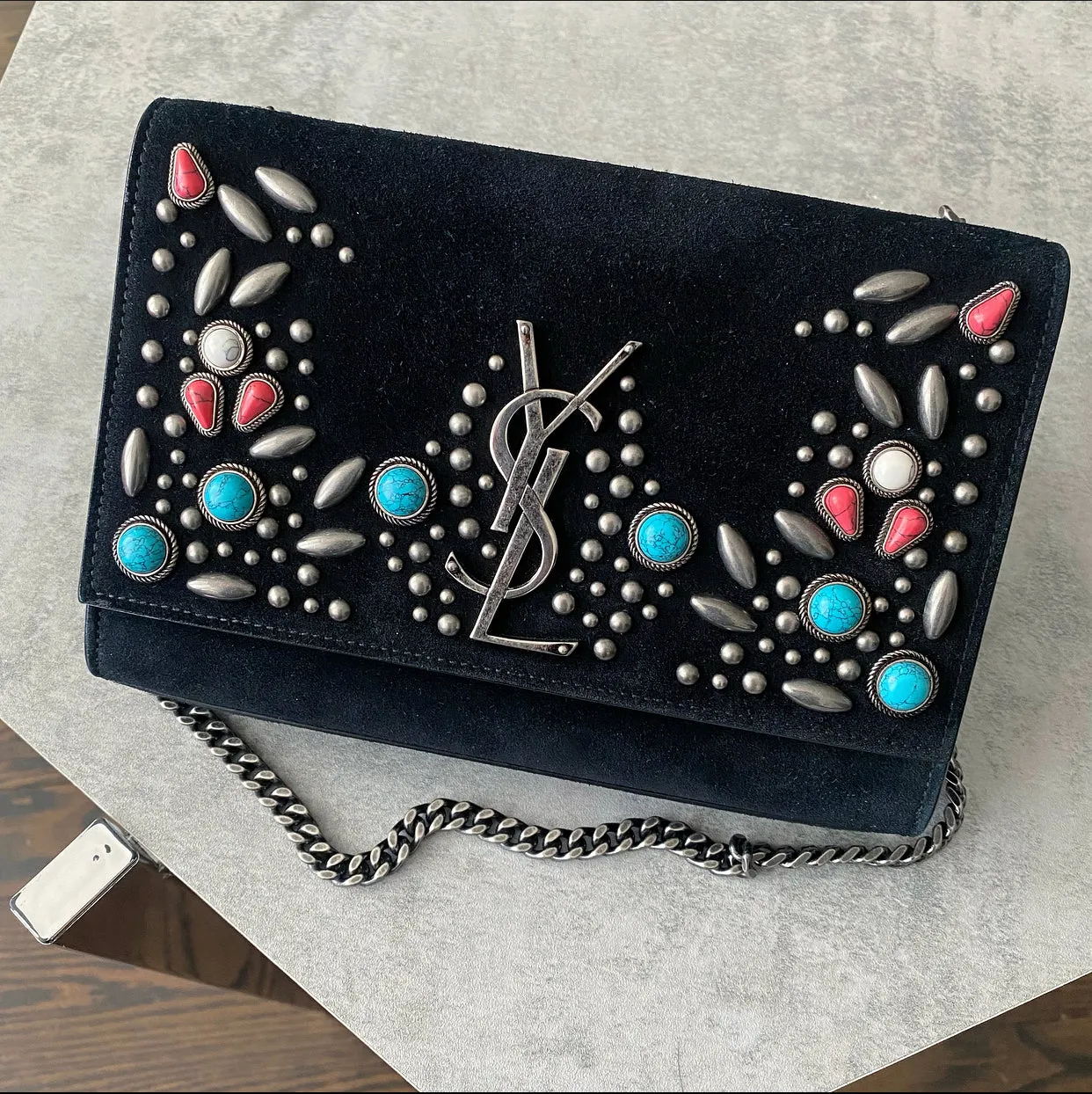 Saint Laurent Stone Studded Black Suede Small Kate Bag