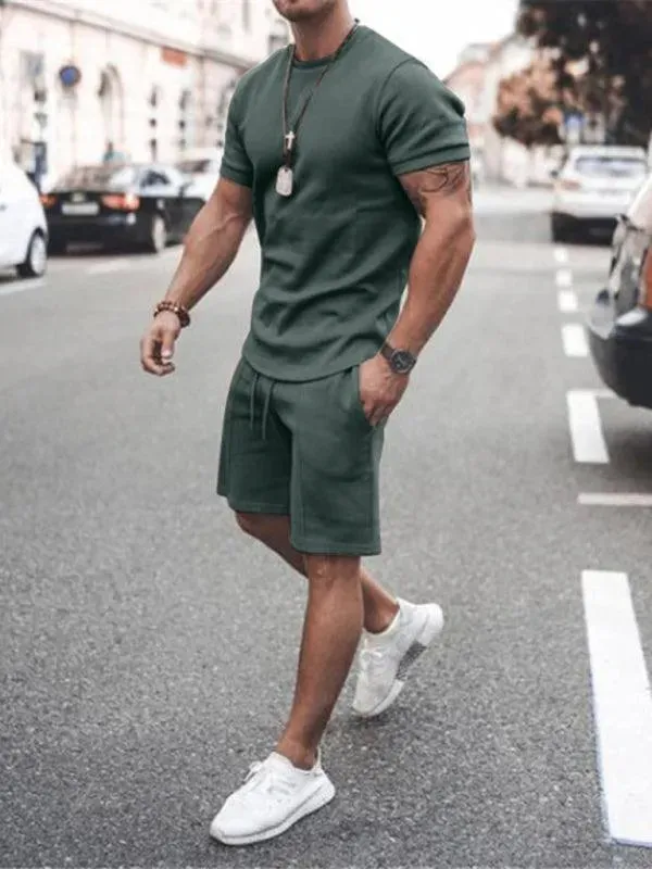 Solid Short-Sleeve Shorts Men Clothing Set