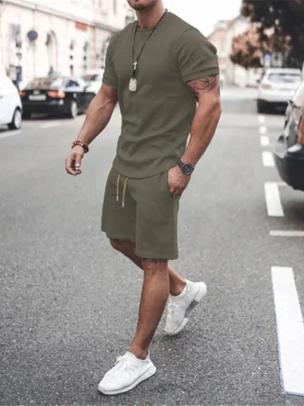 Solid Short-Sleeve Shorts Men Clothing Set