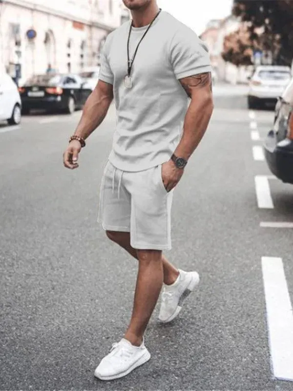 Solid Short-Sleeve Shorts Men Clothing Set