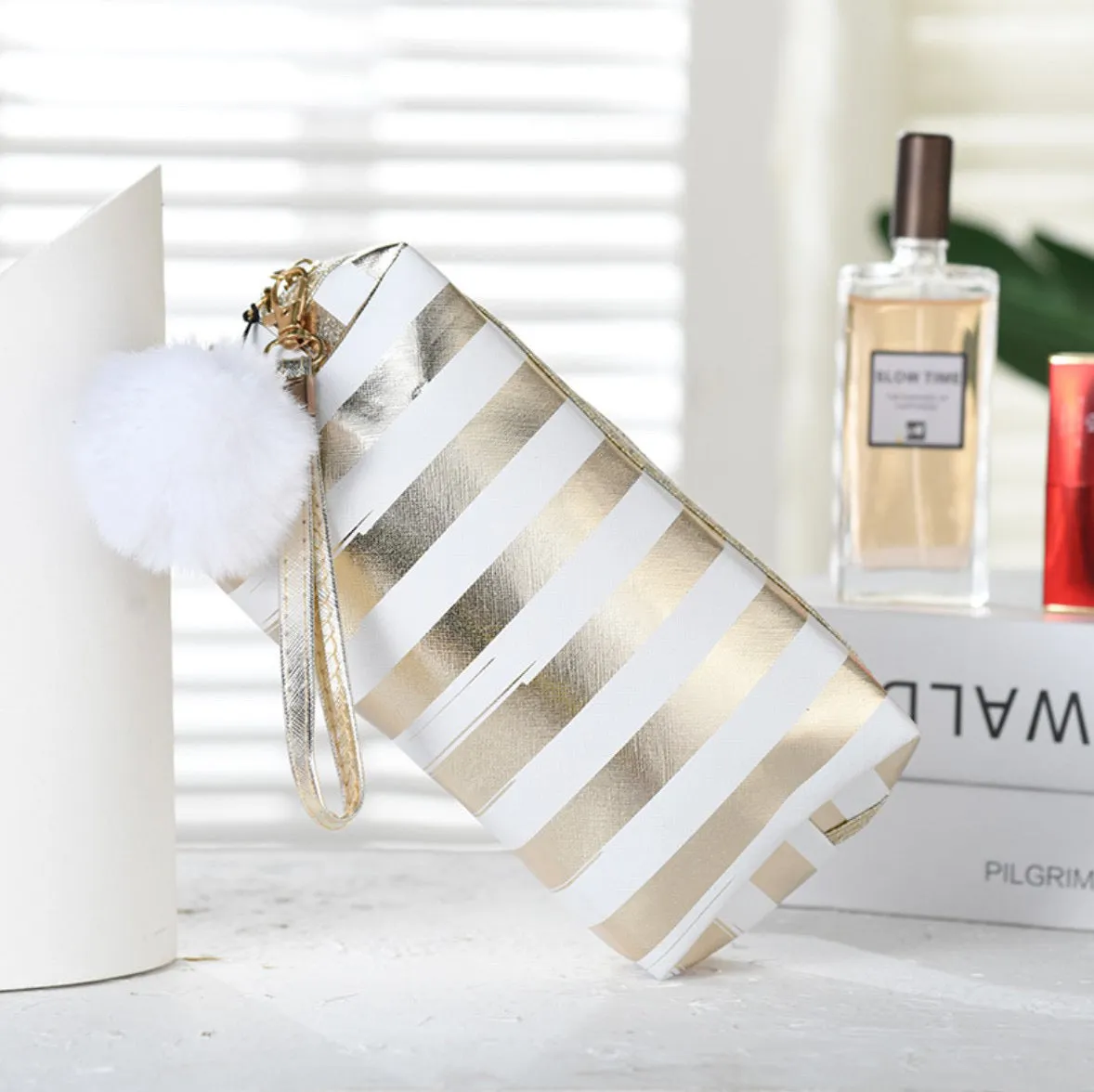 Stripy Make Up Bag - Gold