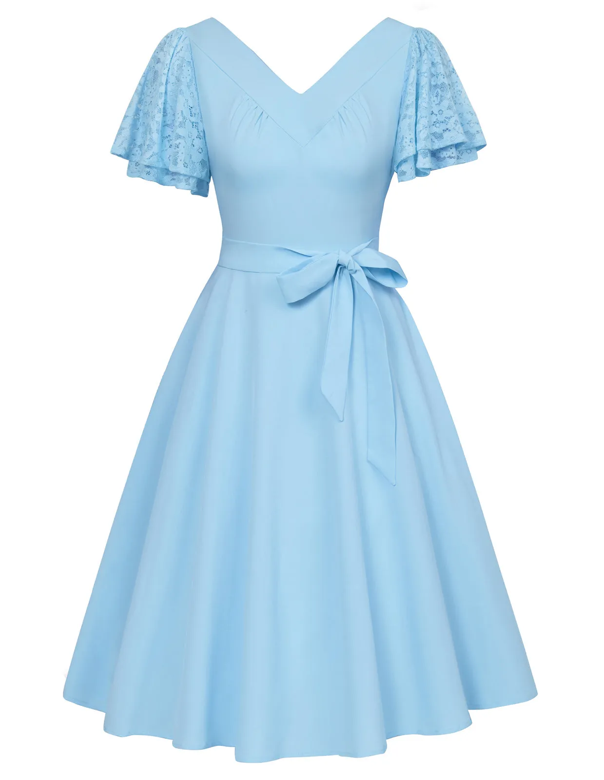 Summer Short Puff Sleeve Cocktail Dress Vintage V-Neck A Line Swing Dresses with Belts