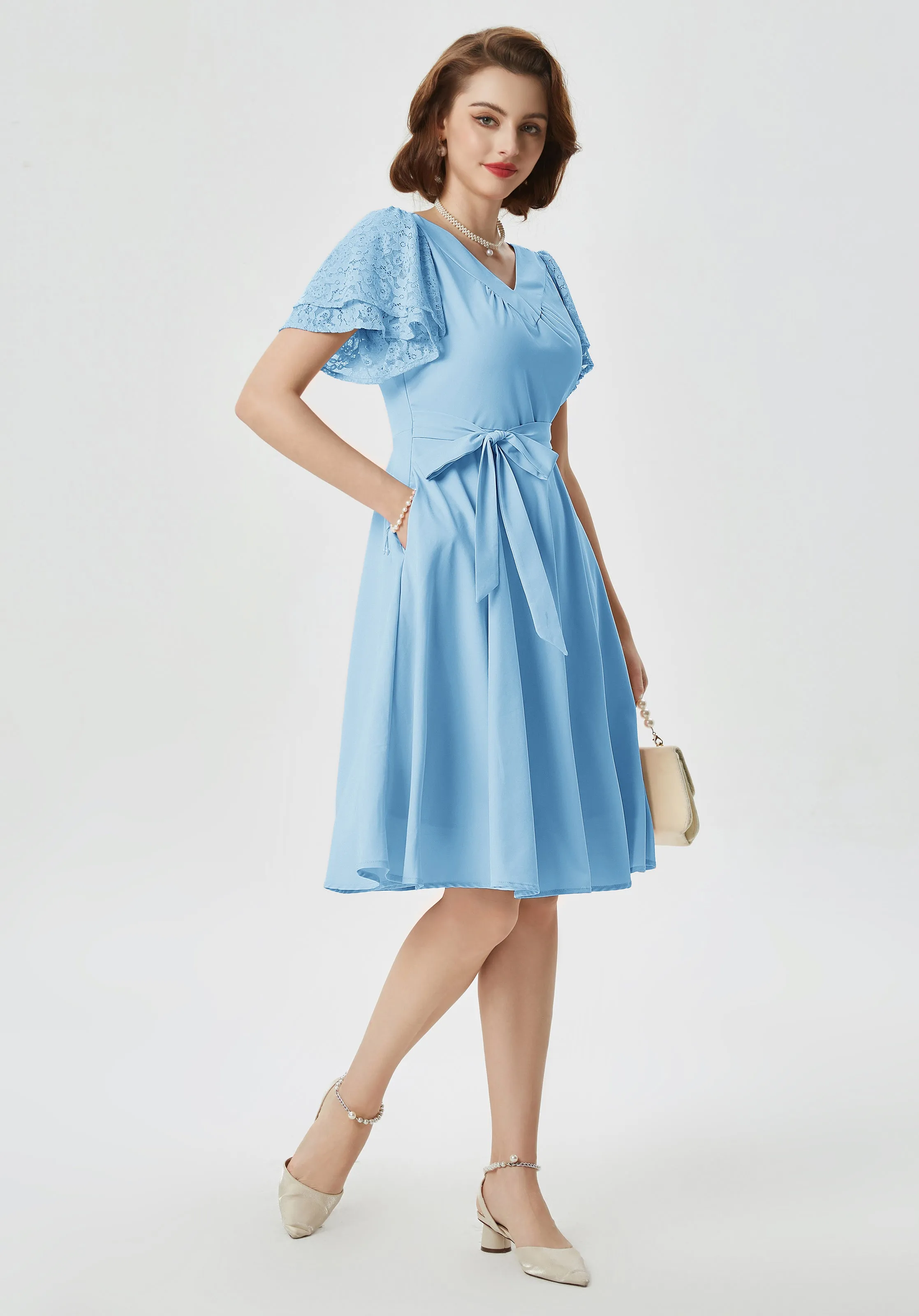 Summer Short Puff Sleeve Cocktail Dress Vintage V-Neck A Line Swing Dresses with Belts