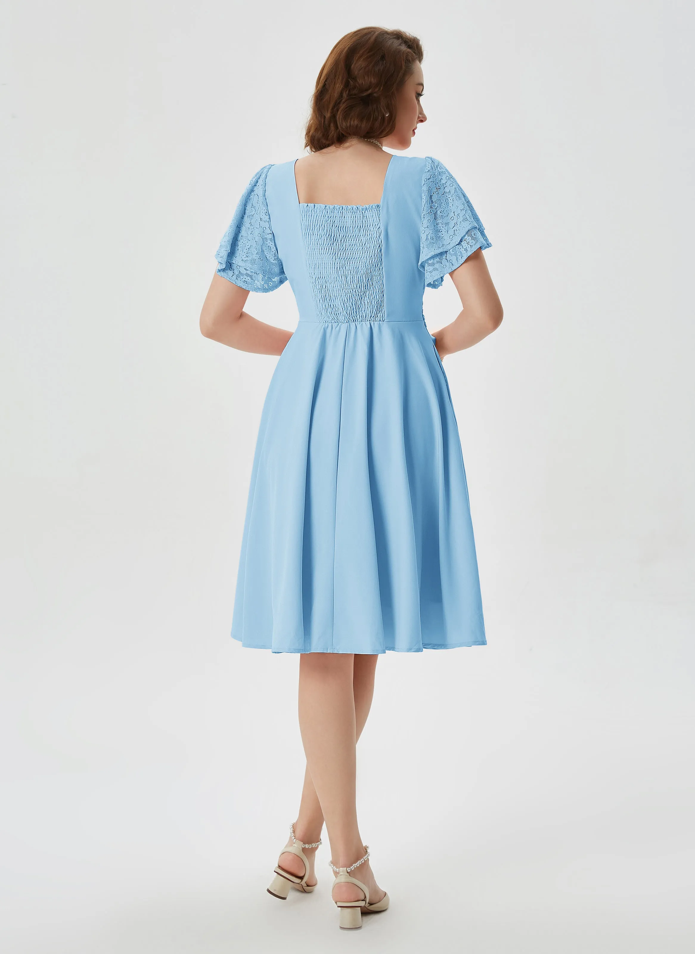 Summer Short Puff Sleeve Cocktail Dress Vintage V-Neck A Line Swing Dresses with Belts